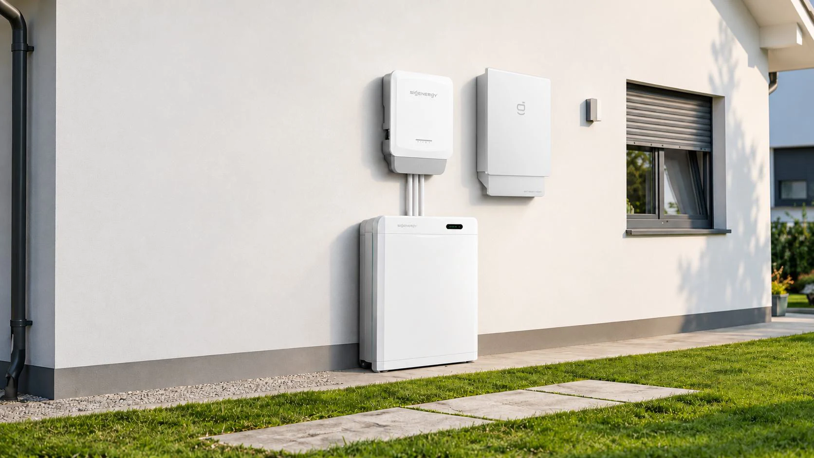 A Sigenergy SP2 hybrid inverter and battery on the wall of a house